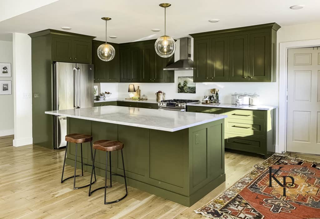 olive kitchen wall with white cabinet