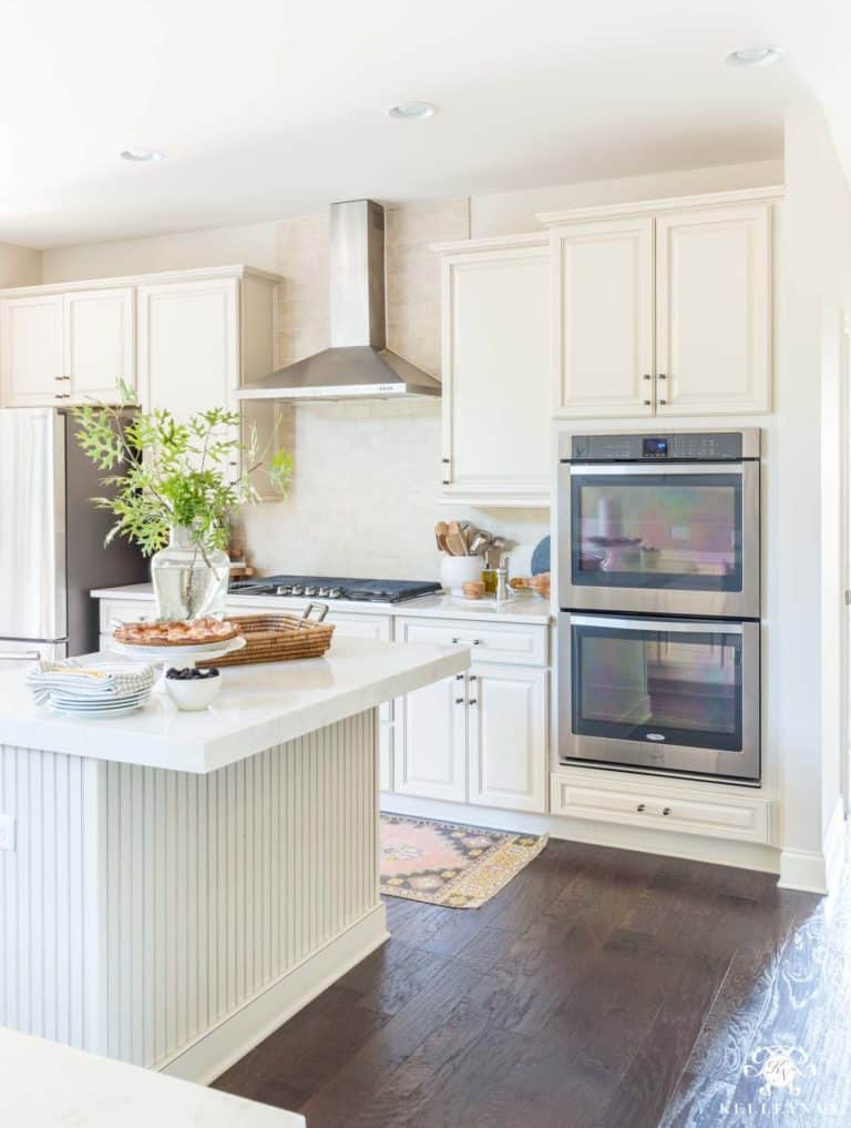 Benjamin Moore S Edgecomb Gray Paint Guide Painted By Kayla Payne   Cream Kitchen With Stainless Steel Vent Hood 768x1017 