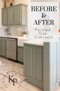 Before and After painted cabinets in Sherwin Williams Evergreen Fog